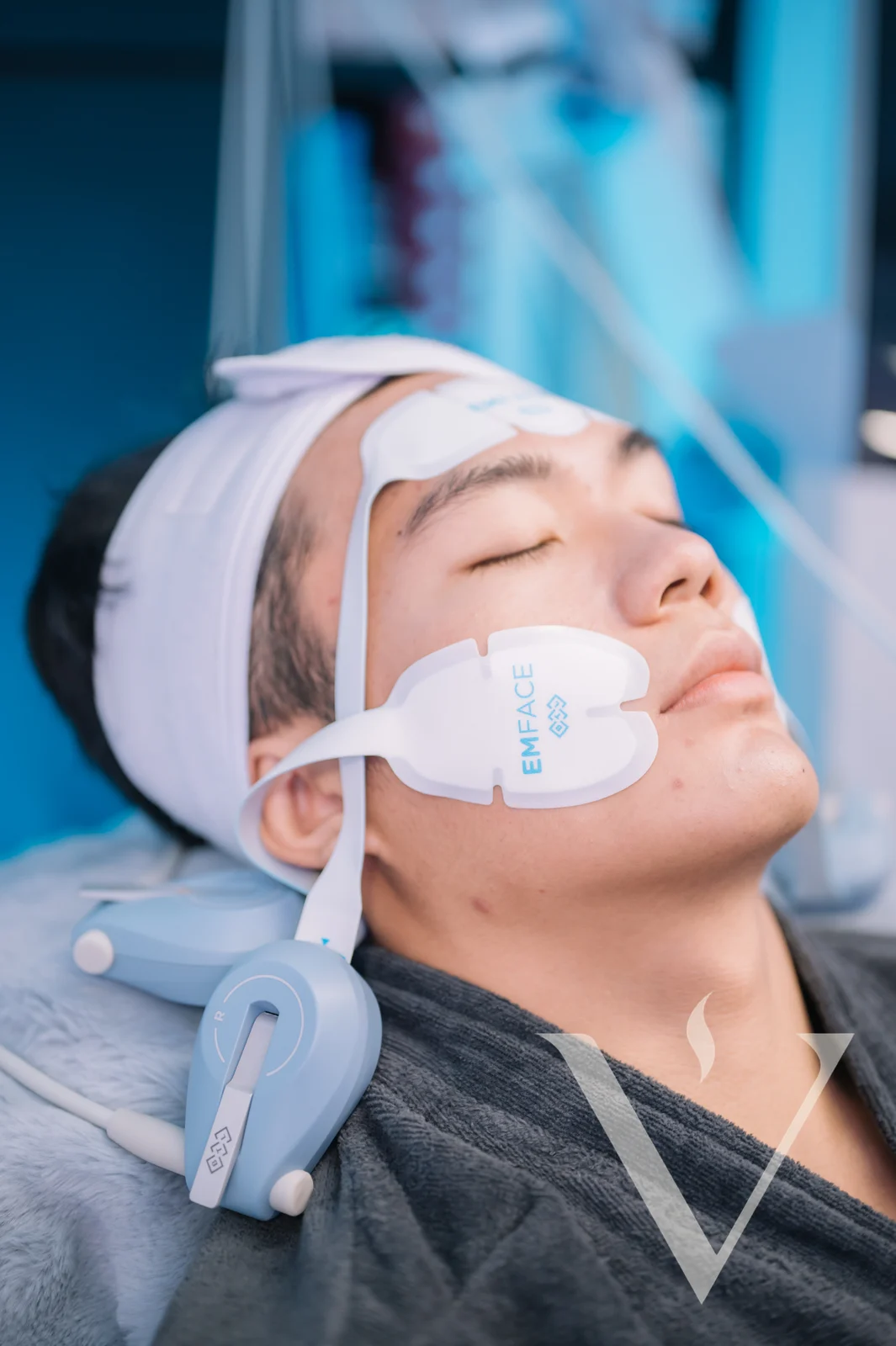 Close-up of an EMFACE treatment pad during a facial session at CANVAS Medical Clinic, Penang