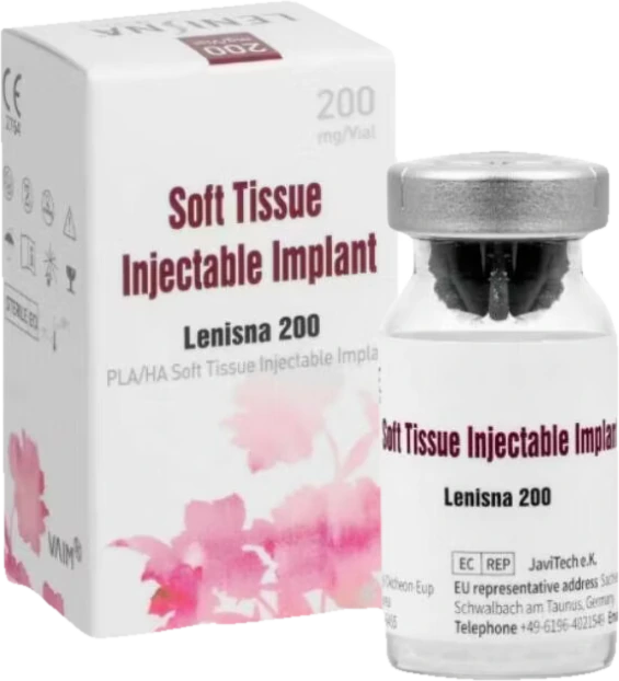 Lenisna 200 PLA/HA soft-tissue injectable implant vial and box at CANVAS Medical Clinic, Penang