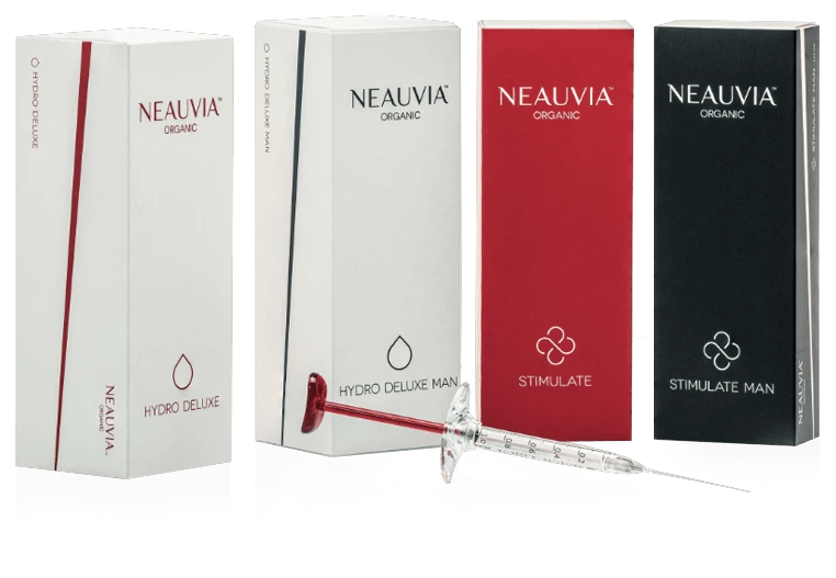 Neauvia Organic Hydro Deluxe, Hydro Deluxe Man, Stimulate and Stimulate Man boxes at CANVAS Medical Clinic, Penang
