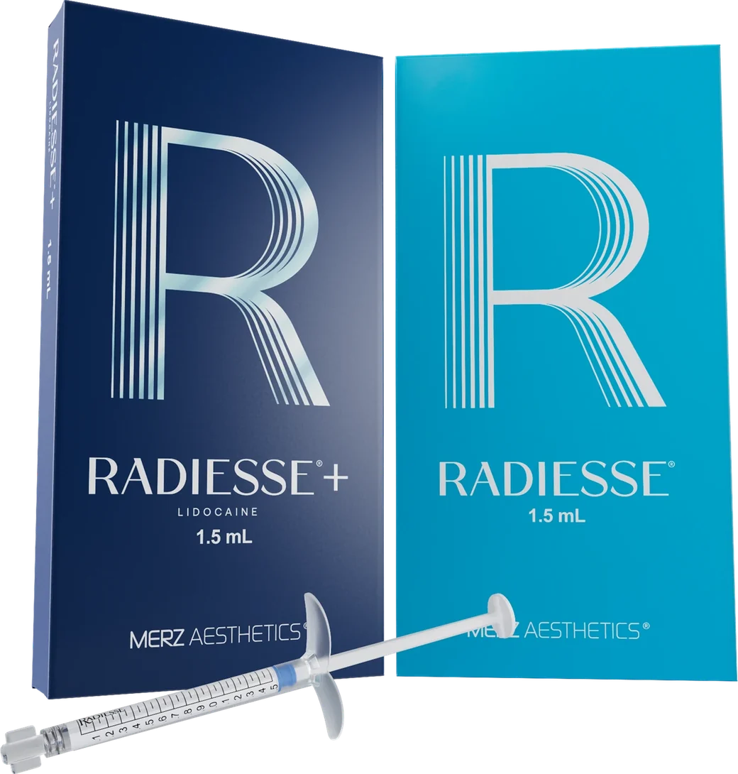 Radiesse and Radiesse+ calcium hydroxylapatite filler boxes with syringe at CANVAS Medical Clinic, Penang